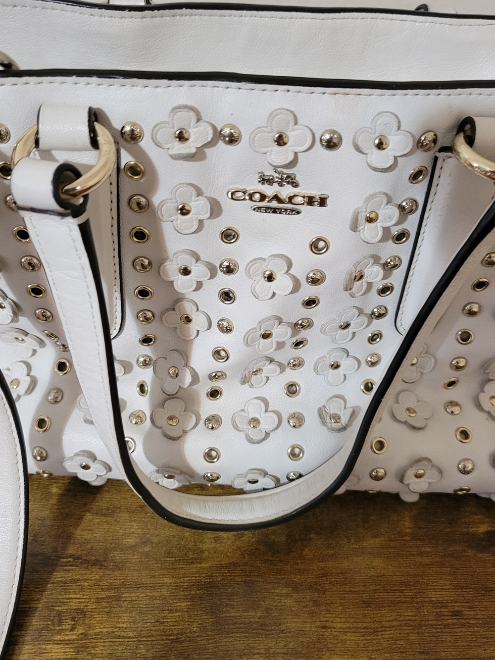 COACH White Floral Appliqué Studded Leather Tote